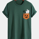 Regular Fit Pocket Pumpkin Ghost Print Cotton T-Shirt