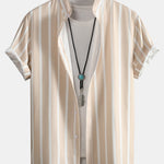 Striped Button Up Stand Collar Shirt & Man Mid Length Drawstring Swim Shorts