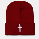 3D Cross Embroidered Pattern Flanged Knitted Hat