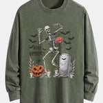 Halloween Skeleton Stay Spooky Print Relax Fit Long Sleeve Washed Distressed T-Shirt