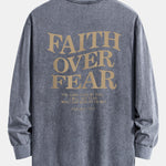 Faith Over Fear Print Relax Fit Long Sleeve Washed Distressed T-Shirt