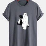 Regular Fit Ghost Black Cat Print Cotton T-Shirt