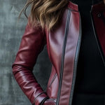 Women's Retro Contrast Color Stand Collar Leather Coat