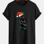 Regular Fit Christmas Lights Cat Print Cotton T-Shirt