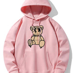 Plaid Pattern Dissolving Bear Print Drop Shoulder Relaxed Hoodie