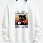 Black Cat Drinking Coffee Print Relax Fit Sweatshirt