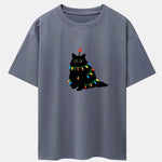 Christmas Lights Black Cat Print Drop Shoulder Oversize T-Shirt
