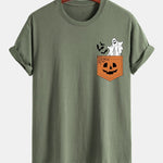 Regular Fit Pocket Pumpkin Ghost Print Cotton T-Shirt