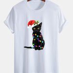 Regular Fit Christmas Lights Cat Print Cotton T-Shirt