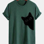 Regular Fit Black Cat Looking Out Print Cotton T-Shirt