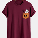 Regular Fit Pocket Pumpkin Ghost Print Cotton T-Shirt