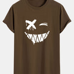 Smiley Face Print Cotton Arc Hem T-Shirt