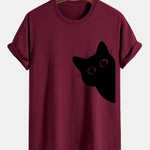 Regular Fit Black Cat Looking Out Print Cotton T-Shirt