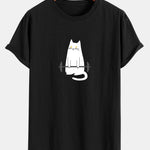 Cat Weightlifting Print Cotton Arc Hem T-Shirt