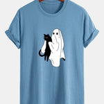 Regular Fit Ghost Black Cat Print Cotton T-Shirt