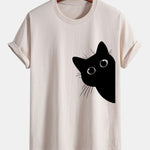 Regular Fit Black Cat Looking Out Print Cotton T-Shirt