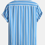 Striped Button Up Stand Collar Shirt & Man Mid Length Drawstring Swim Shorts
