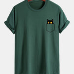 Regular Fit Pocket Black Cat Print Cotton T-Shirt