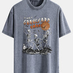 Halloween Dancing Skeleton Print Washed Distressed Drop Shoulder T-Shirt