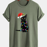Regular Fit Christmas Lights Cat Print Cotton T-Shirt