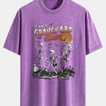 Halloween Dancing Skeleton Print Washed Distressed Drop Shoulder T-Shirt