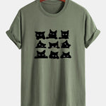 Regular Fit Black Cat Staring Print Cotton T-Shirt