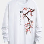 Long Sleeve Cherry Blossoms Print Cotton Arc Hem T-Shirt