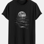 Moon On The Water Print Cotton Arc Hem T-Shirt