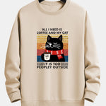 Black Cat Drinking Coffee Print Relax Fit Sweatshirt