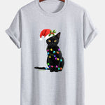 Regular Fit Christmas Lights Cat Print Cotton T-Shirt
