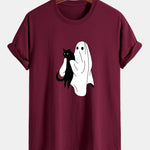 Regular Fit Ghost Black Cat Print Cotton T-Shirt