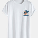 Palm Tree Seagull Print Cotton Arc Hem T-Shirt