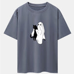 Ghost Black Cat Print Drop Shoulder Oversize T-Shirt