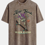 Halloween Skateboard Skeleton Print Washed Distressed Drop Shoulder T-Shirt