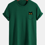 Regular Fit Pocket Black Cat Print Cotton T-Shirt
