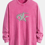 Star Print Relax Fit Long Sleeve Washed Distressed T-Shirt