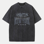 New York Gothic Print Washed Distressed Drop Shoulder T-Shirt