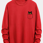 Long Sleeve Pocket Black Cat Print Cotton T-Shirt