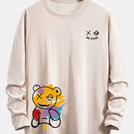 Long Sleeve Graffiti Bear Print Cotton Arc Hem T-Shirt