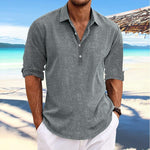 Men's Casual Solid Color Pullover Lapel Roll-Up Cotton and Linen Sleeve Long Sleeve Shirt