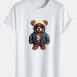 Bear In Leather Jacket Print Cotton Arc Hem T-Shirt