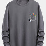 Long Sleeve Pocket Planet Astronaut Print Cotton T-Shirt