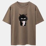 Black Cat Drinking Coffee Print Drop Shoulder Oversize T-Shirt