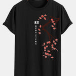 Tokyo Japanese Cherry Blossoms Print Cotton Arc Hem T-Shirt