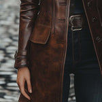 Women's Vintage Lapel Button Leather Long Jacket