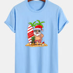 Regular Fit Summer Beach Santa Print Cotton T-Shirt
