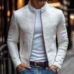Men's Fashion Stone Pattern Stand Collar Zipper Slim Fit Leather Jacket