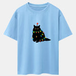 Christmas Lights Black Cat Print Drop Shoulder Oversize T-Shirt