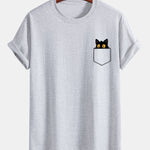 Regular Fit Pocket Black Cat Print Cotton T-Shirt