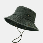 Washed Distressed Bucket Hat With Chin Strap